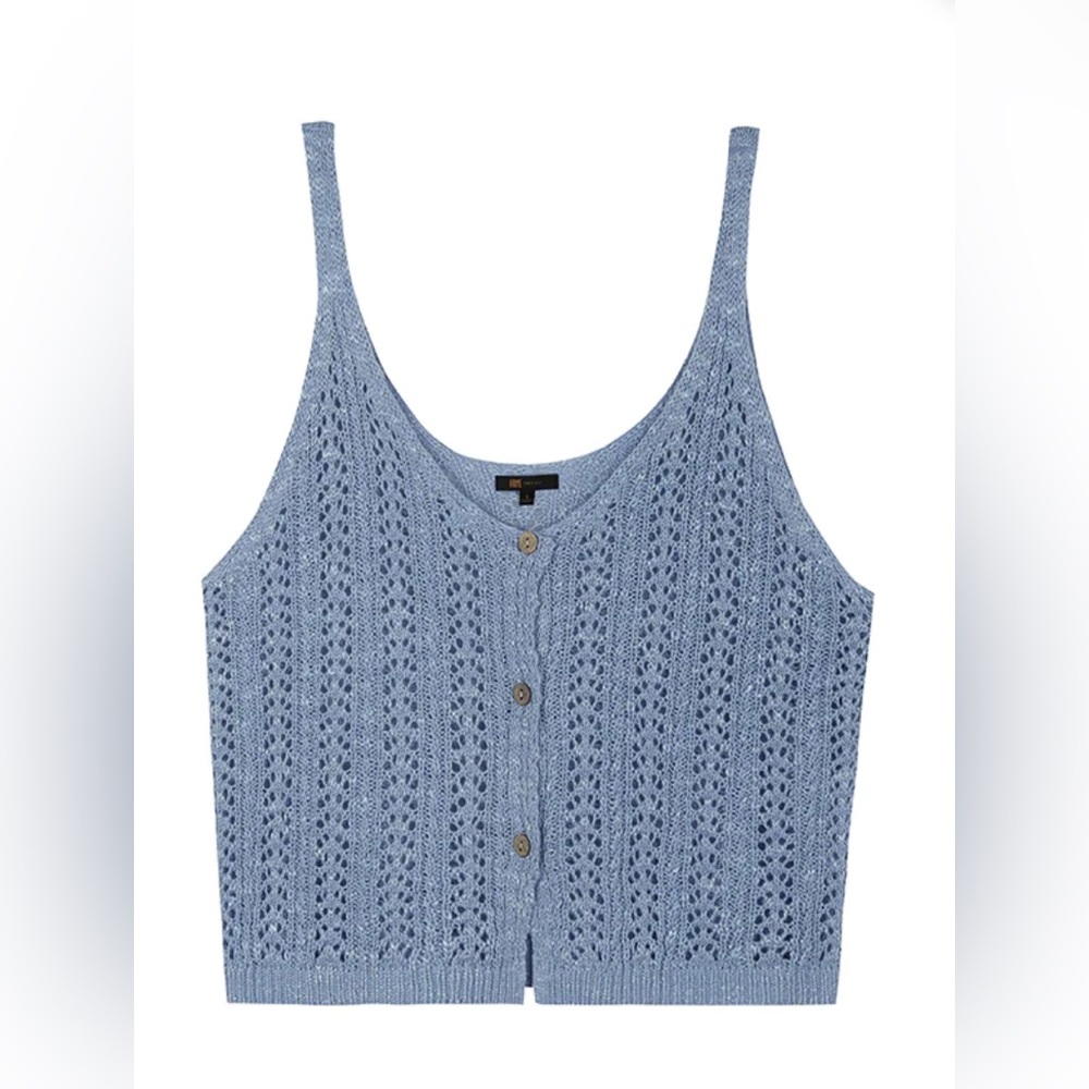 FRYE Button Up Pointelle Crochet Granny Core Tank Slate Blue Boho NWT Sz M
